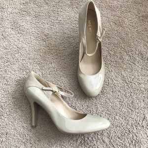 Neutral tone suede heels with straps